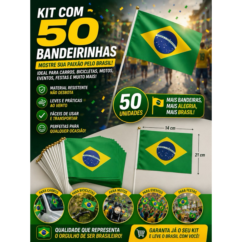 Kit Com 50 Bandeirinhas Do Brasil De Tecido Co Haste | 14x21cm | 50 Unidades | Lembrancinhas Copa Do Mundo, Seleção