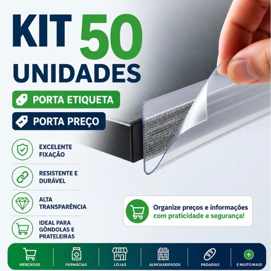 Kit 50 Régua Porta Etiqueta Preço Para Gôndola Mercado Loja Prateleira Transparente 33cm