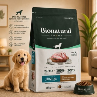 Ração Bionatural Prime Junior Cães Filhotes Raças Médias e Grandes Frango Coco Blueberry Aveia 15KG