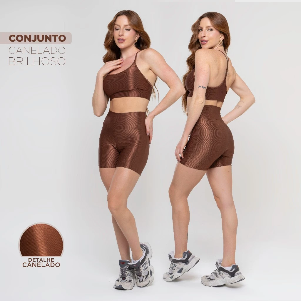 Conjunto Fitness Feminino Trilobal Canelado – Top Alcinha + Short Brilhoso Cós Alto Premium Academia