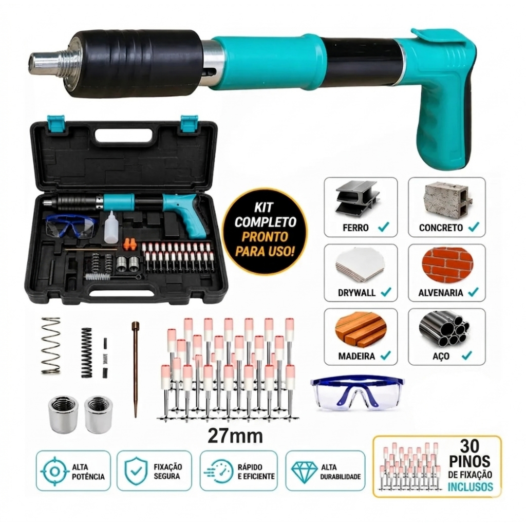 Kit Pistola Manual Pino Prego Aço Ferramenta Fìxação Direta Drywall Concreto Ferro Alvenaria Multifuncional Profissões