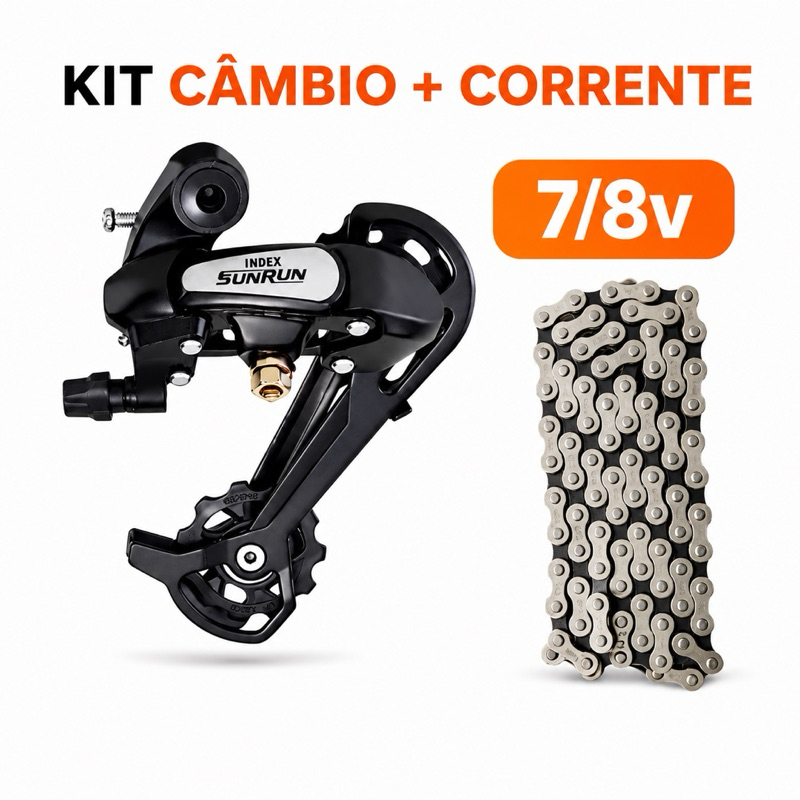 Cambio Traseiro Sunrun 7/8 Index Cage Longo + Corrente Fina Index 7/8V 116 Elos Modelo Shimano Bike
