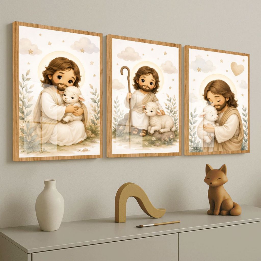 Kit Três Quadros Religiosos Infantis Jesus Bom Pastor Ovelhas Decoração Quarto Criança Delicados