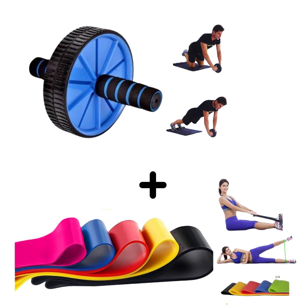 Roda Para Exercícios Abdominais Desmontável Academia + 5 Faixa Elásticas Fisioterapia Pilates Exercícios