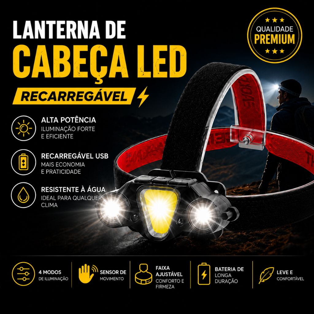 Lanterna de Cabeça LED Recarregável USB Alta Potência