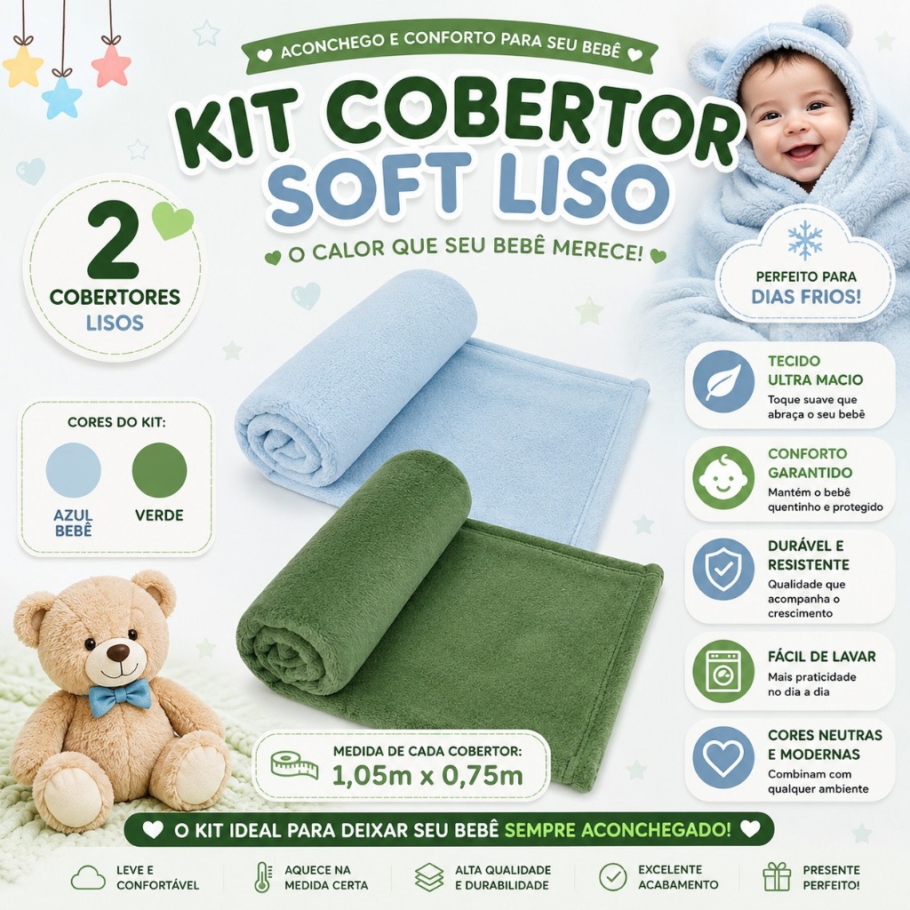 Kit 2 Cobertor Soft Liso Masculino Azul / Verde Toque de Seda Manta Bebê Menino Antialérgica
