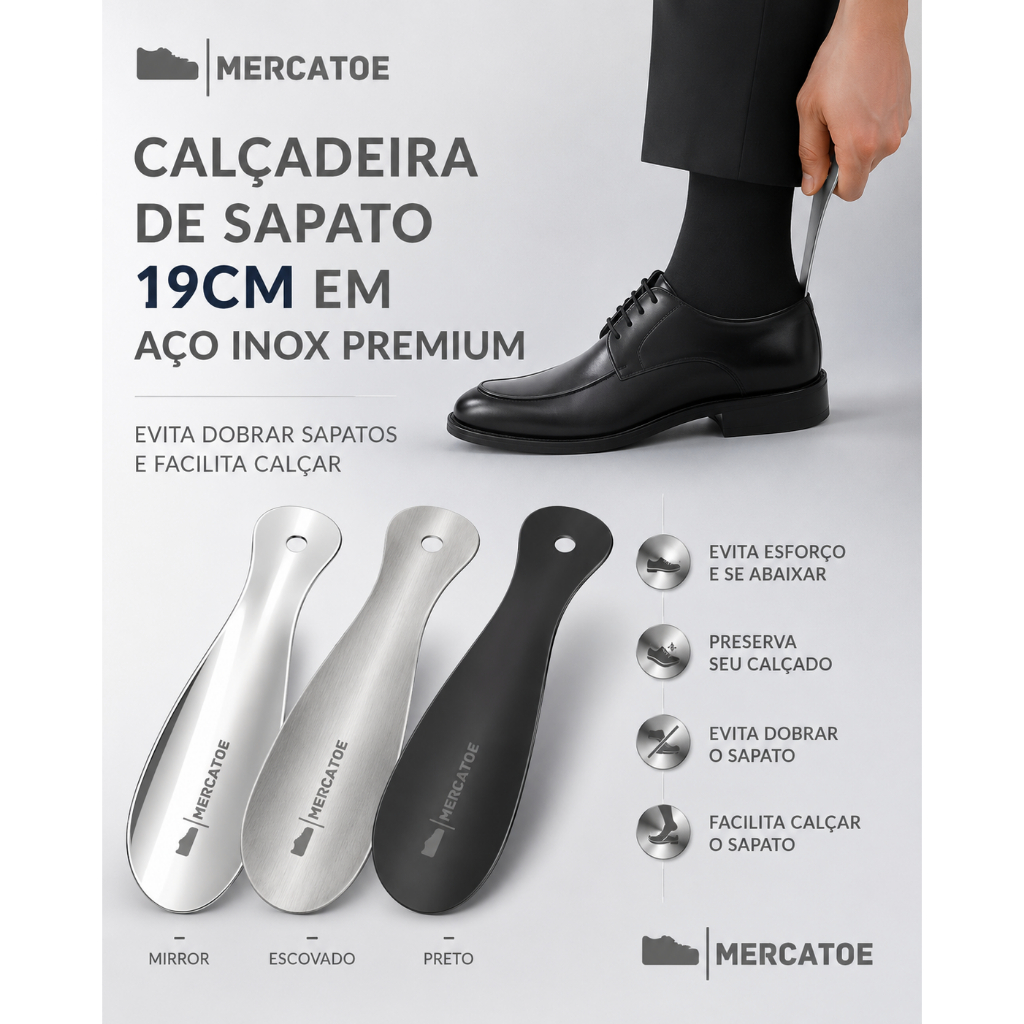 Calçadeira Calçador 19cm Preserva Sapato Facilita Calçar Evita Esforço | AÇO INOX MERCATOE PREMIUM