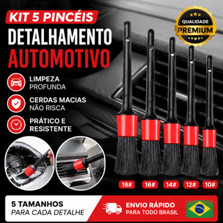 Kit 5 Pincéis Detalhamento Automotivo Limpeza Interna Externa Carro Moto Cerdas Macias An…