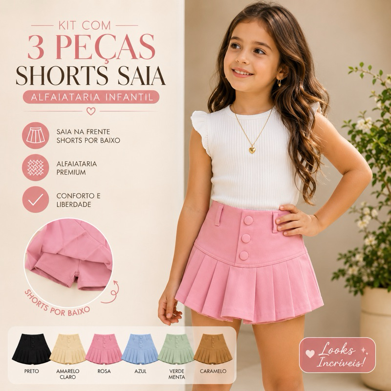 Kit 3 Shorts Saia Infantil Menina Alfaiataria Moda Blogueirinha Cores Lindas 2 ao 10