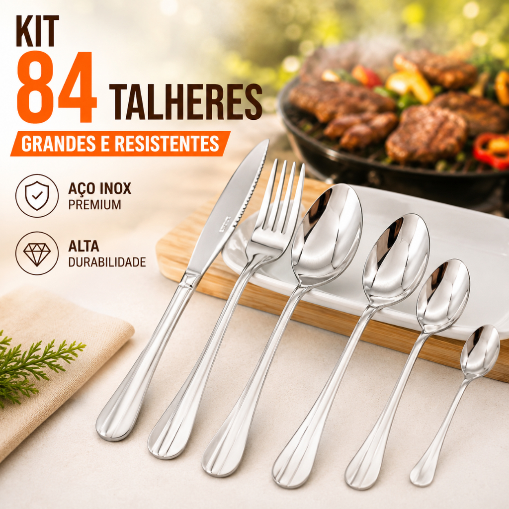 Kit 84 Peças Talheres Inox Faqueiro P/ Cozinha, Restaurante, Padaria