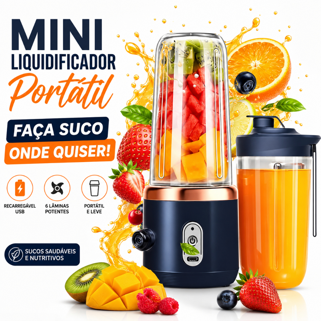 Mini Liquidificador Mixer Processador Portátil Casa Camping Carro Recarregável 2 Copos Bivolt
