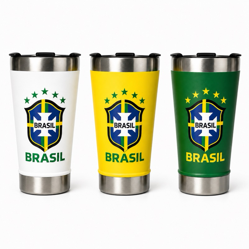 Copo Térmico Inox 473ml Brasil Personalizado  | Mantém Gelado e Quente | Com Tampa e Abridor