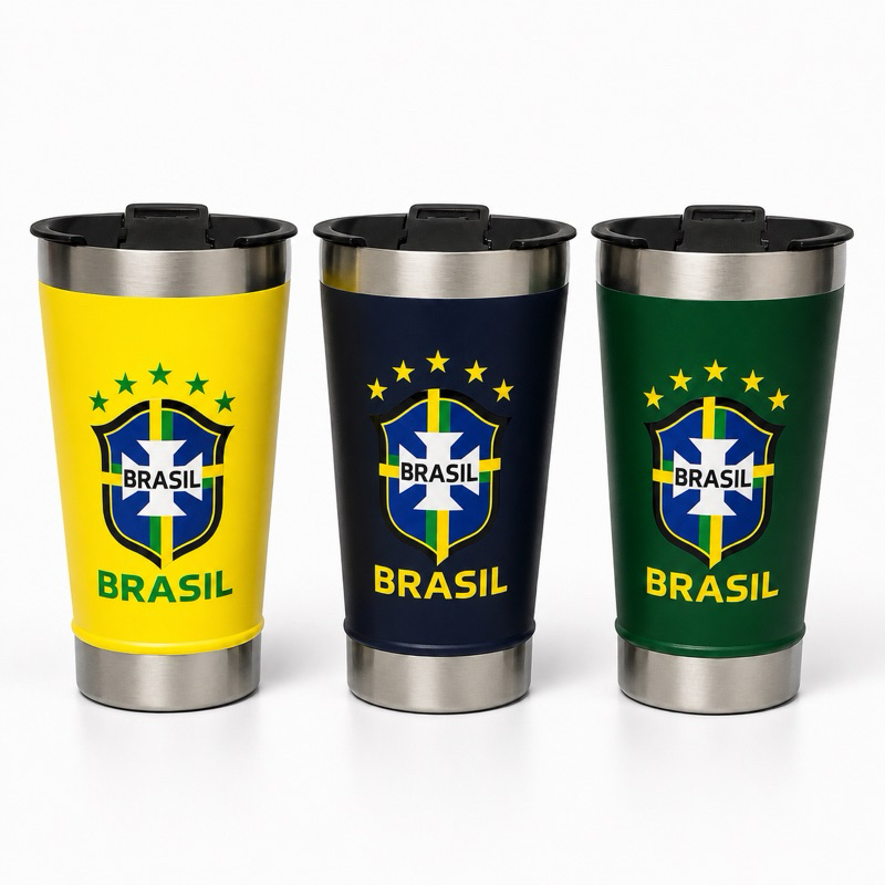 Copo Térmico Personalizado Inox 473ml Brasil | Mantém Gelado e Quente | Com Tampa e Abridor