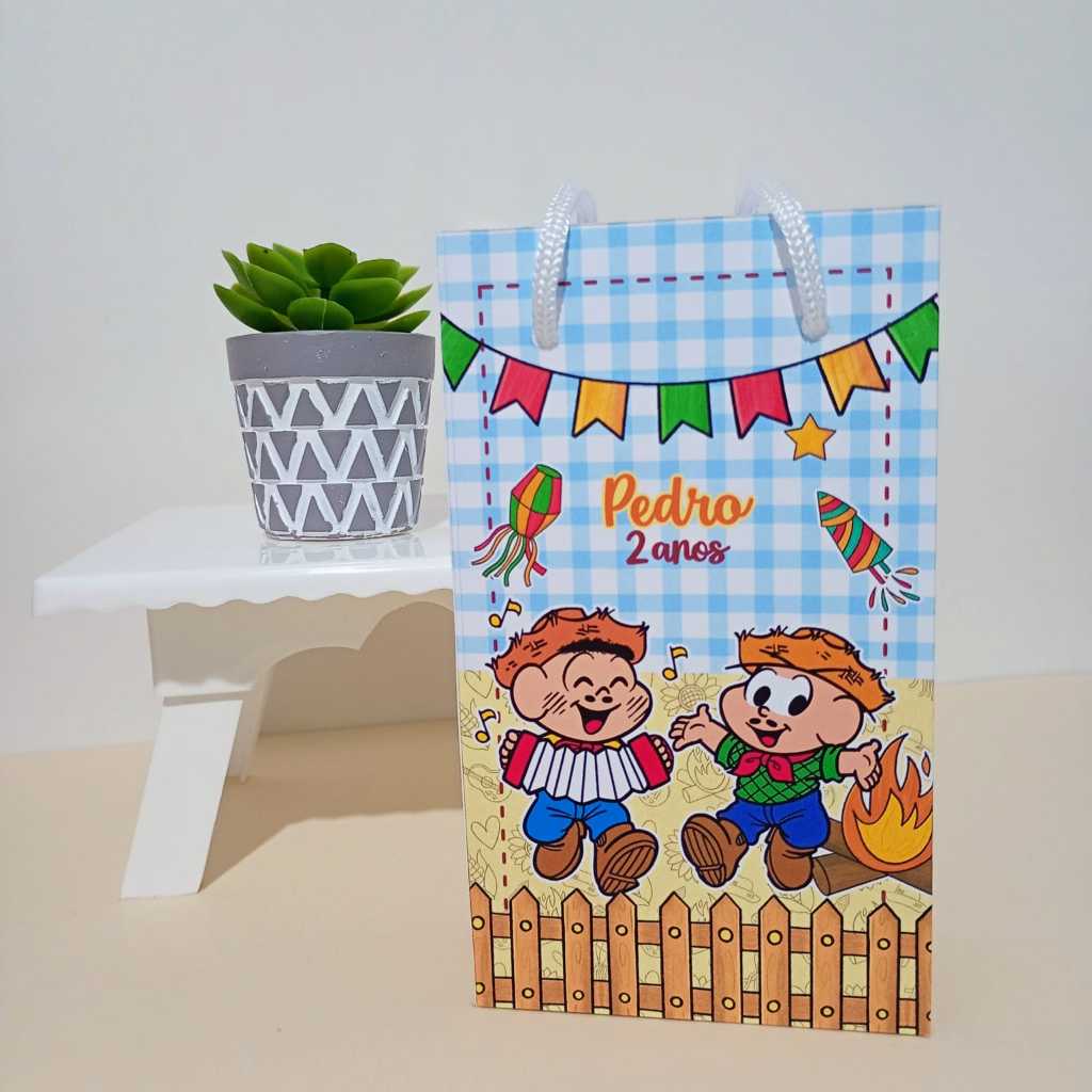 PEGUE E MONTE - Sacolinha Personalizada Junino Turma da Mônica Menino 16cm X 9,5cm Pequena. Sacola Surpresa, Aniversário