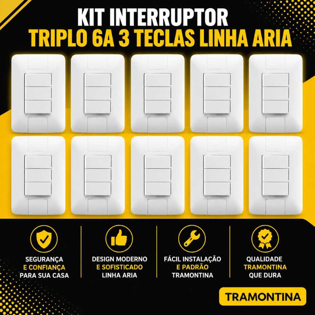 Kit 10 Interruptor Triplo Tramontina Aria 3 Teclas 6A Branco para Instalações Elétricas