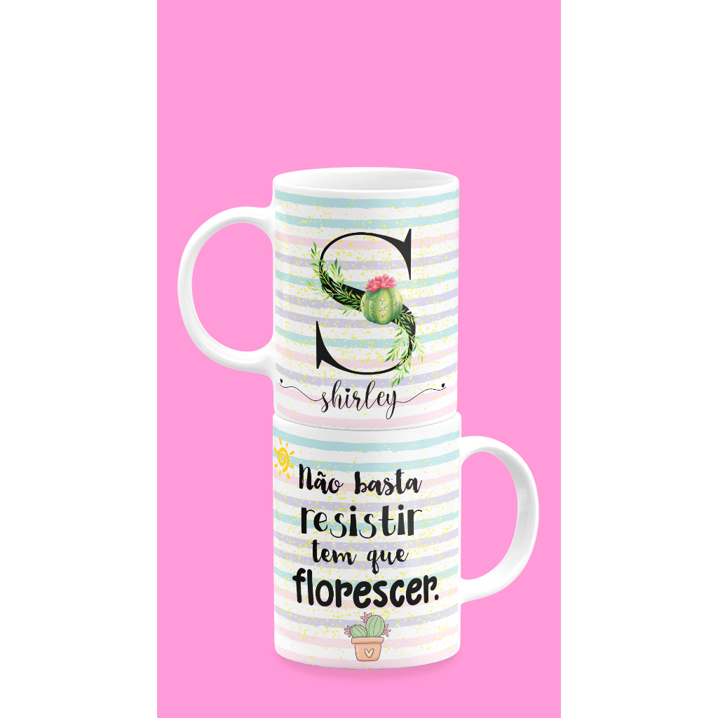 Caneca Personalizada Presente Inicial S Nome Shirley Feminino Desenho Cacto Frase Criativa