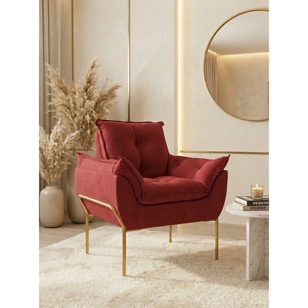 POLTRONA OPALA DE LUXO PARA SALA DE ESTAR E AMANENTAÇÃO COM BASE DE FERRO DOURADA REFORÇADA E TECIDO SUEDE O