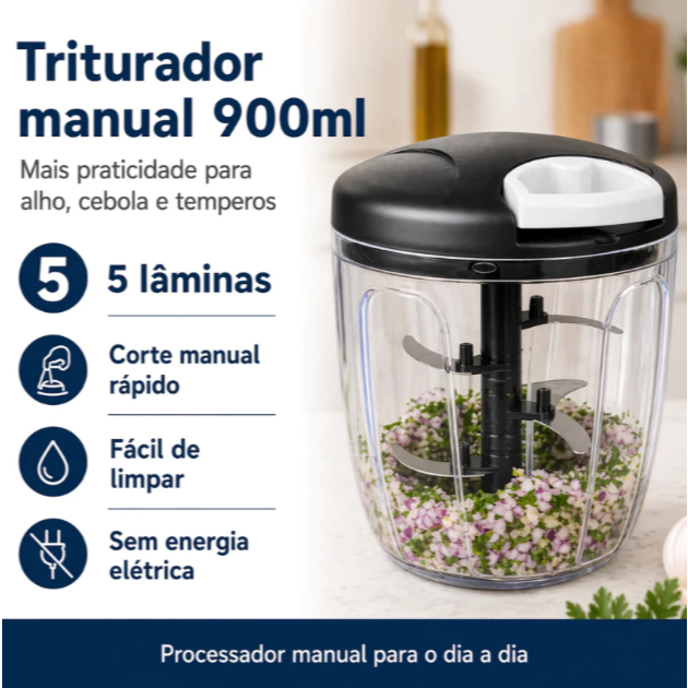 Triturador Manual Alimentos 900ml 5 Lâminas Inox Processador Cozinha Cebola Cozinha Portátil Legumes