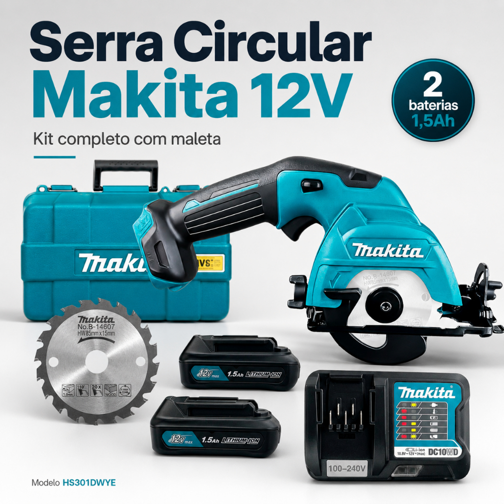 Serra Circular Makita 12V HS301 85mm CXT P/ Madeira MDF Com ou Sem Maleta Bateria Carregador