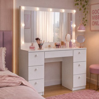 Penteadeira Luna Kit Com Luz Espelho Camarim  7 Gavetas Organizador Quarto Premium