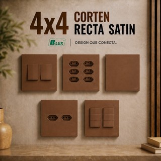 Conjunto 4x4 Corten Recta Satin Bronze Tomada 10a 20a Interruptor Simples Paralelo Monte Sua Tomada Marrom 4x4 BLUX