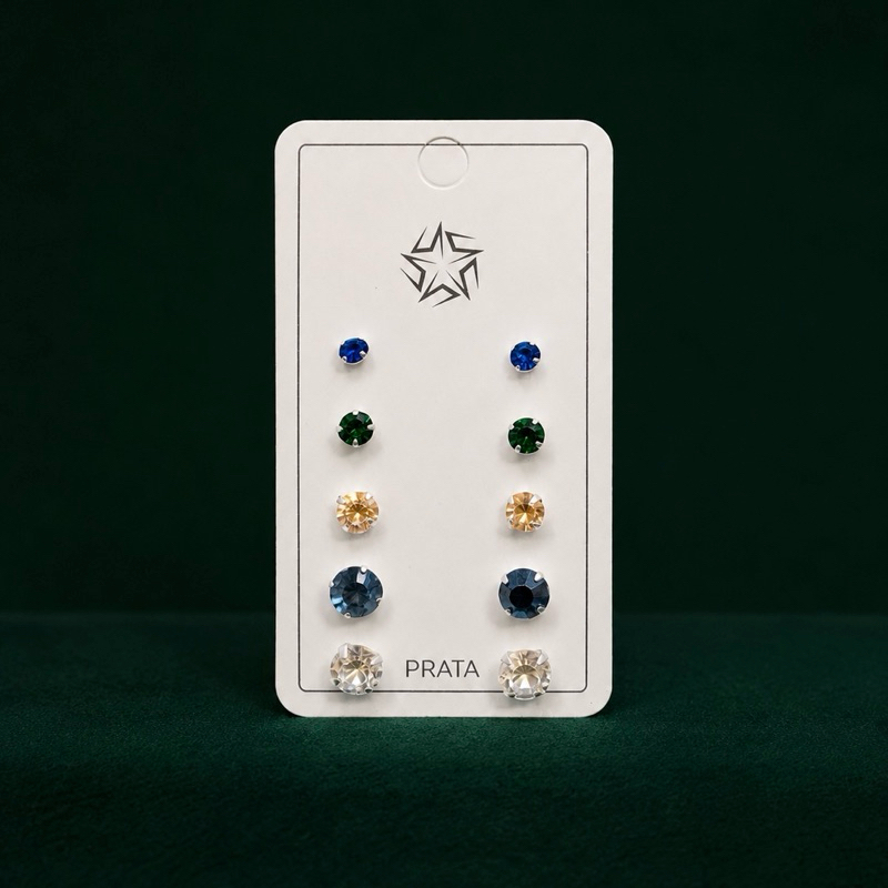 Cartela de Quinteto de Brincos Coloridos em Prata 925 Conjunto Versátil e Delicado