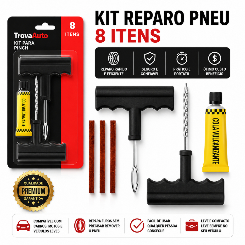 Kit Reparo Pneu Profissional Premium com Cola + Remendos Selantes Conserto de Carro Moto