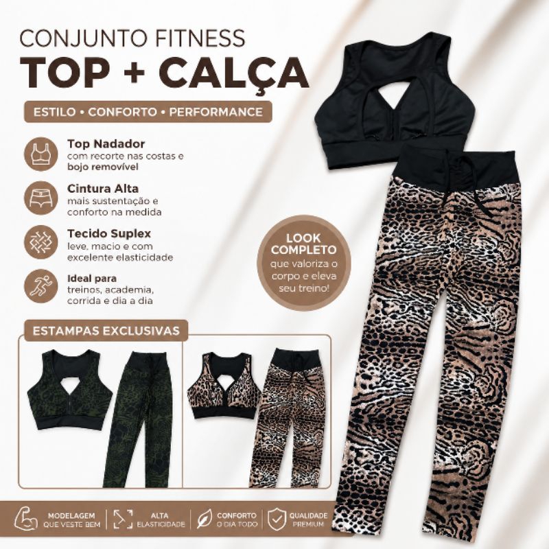 Conjunto Fitness Feminino Estampado Academia Top e Legging Cintura Alta