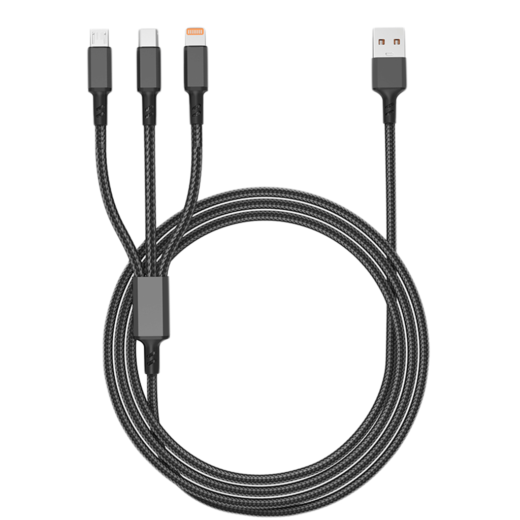 Cabo de Dados 3 em 1 com Carregamento Rápido 120W, USB Micro, Tipo C e Lightning Resistente