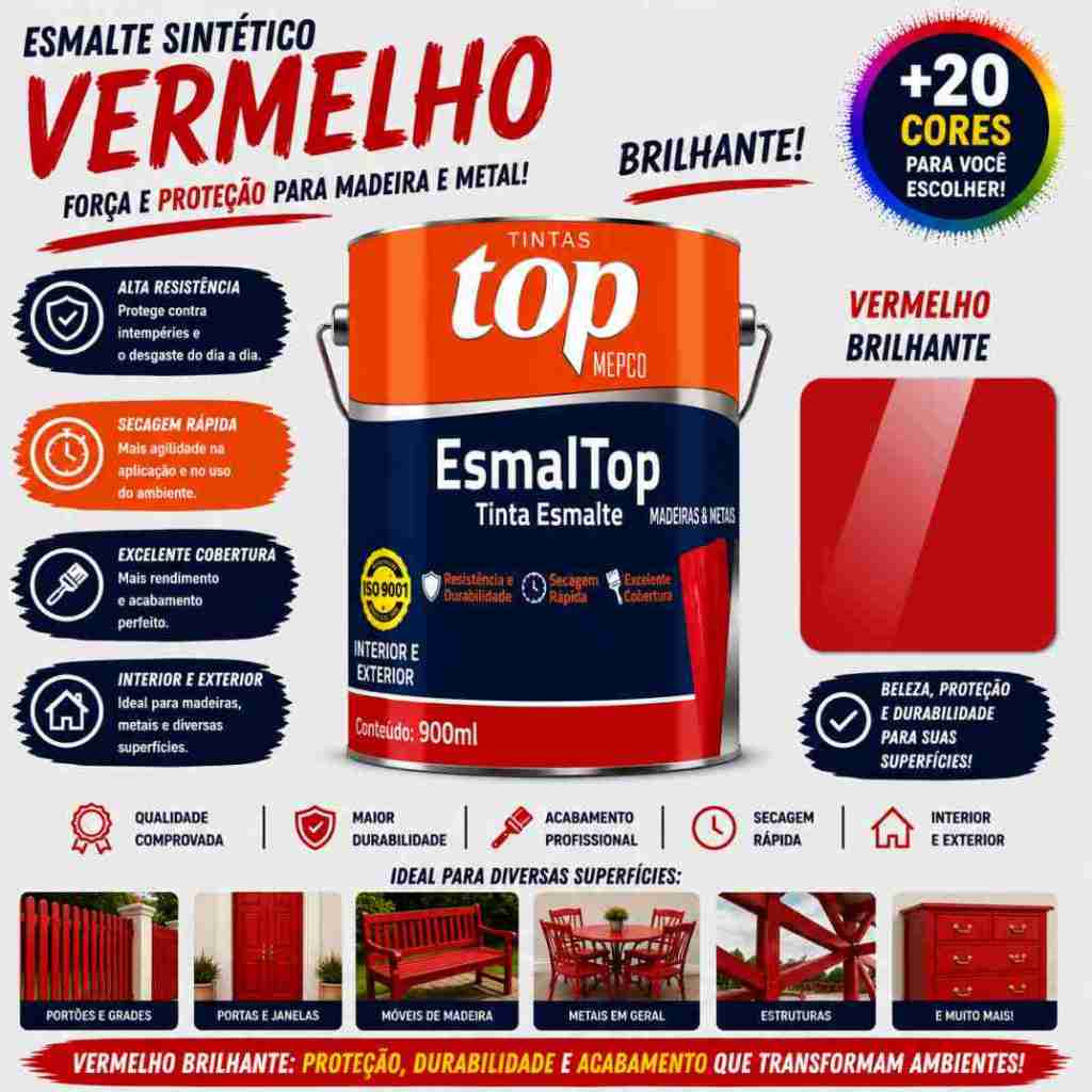 Esmalte Sintético MEPCO 900ml – Vermelho Brilhante | Força e Proteção para Madeira e Metal
