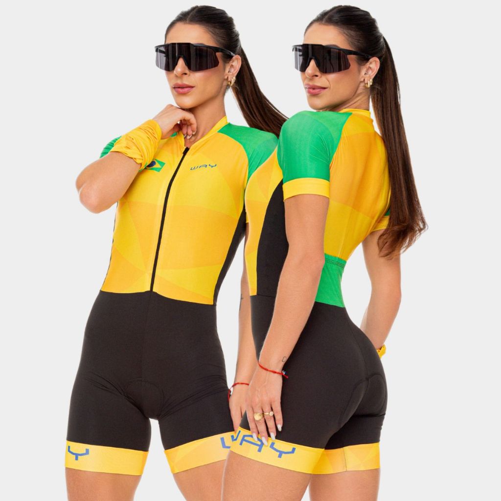 Macaquinho Macacão Ciclismo Feminino Brasil UV50 Verão Manga Curta Roupa Mulher Bike Pedal MTB Speed