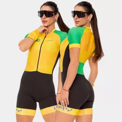 Macaquinho Macacão Ciclismo Feminino Brasil UV50 Verão Manga Curta Roupa Mulher Bike Pedal MTB Speed