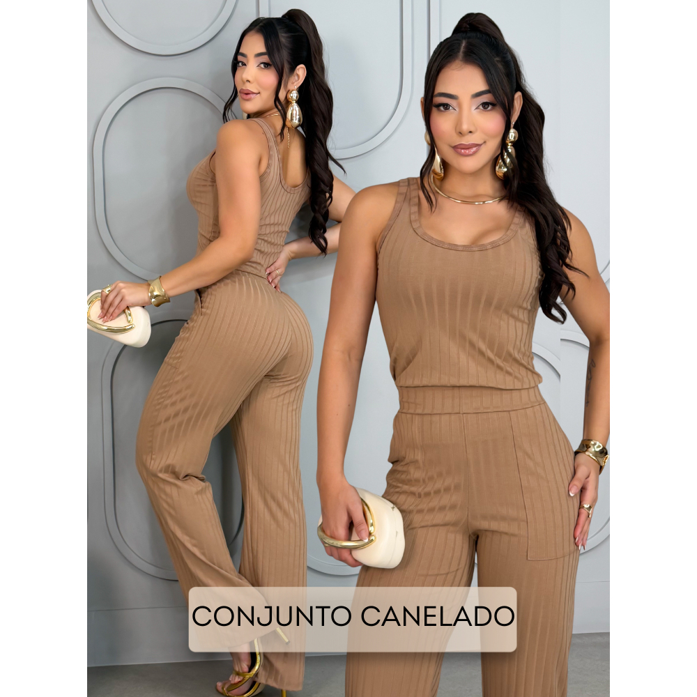 Conjunto Canelado Feminino Calça Pantalona Blusa Regata Elegante Casual Premium