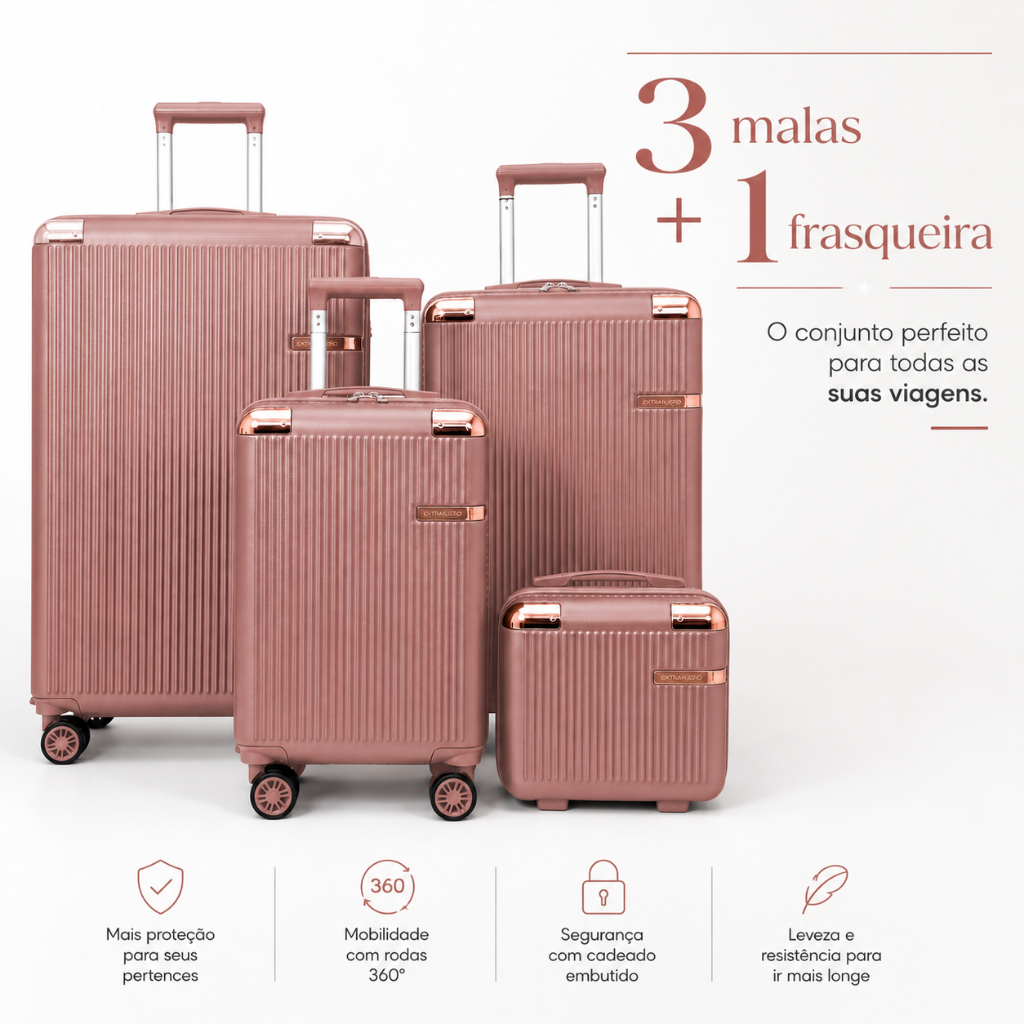 Conjunto 4 Peças 3 Malas P M G + Frasqueira Abs Rígida Viagem Rodas 360 Graus Top