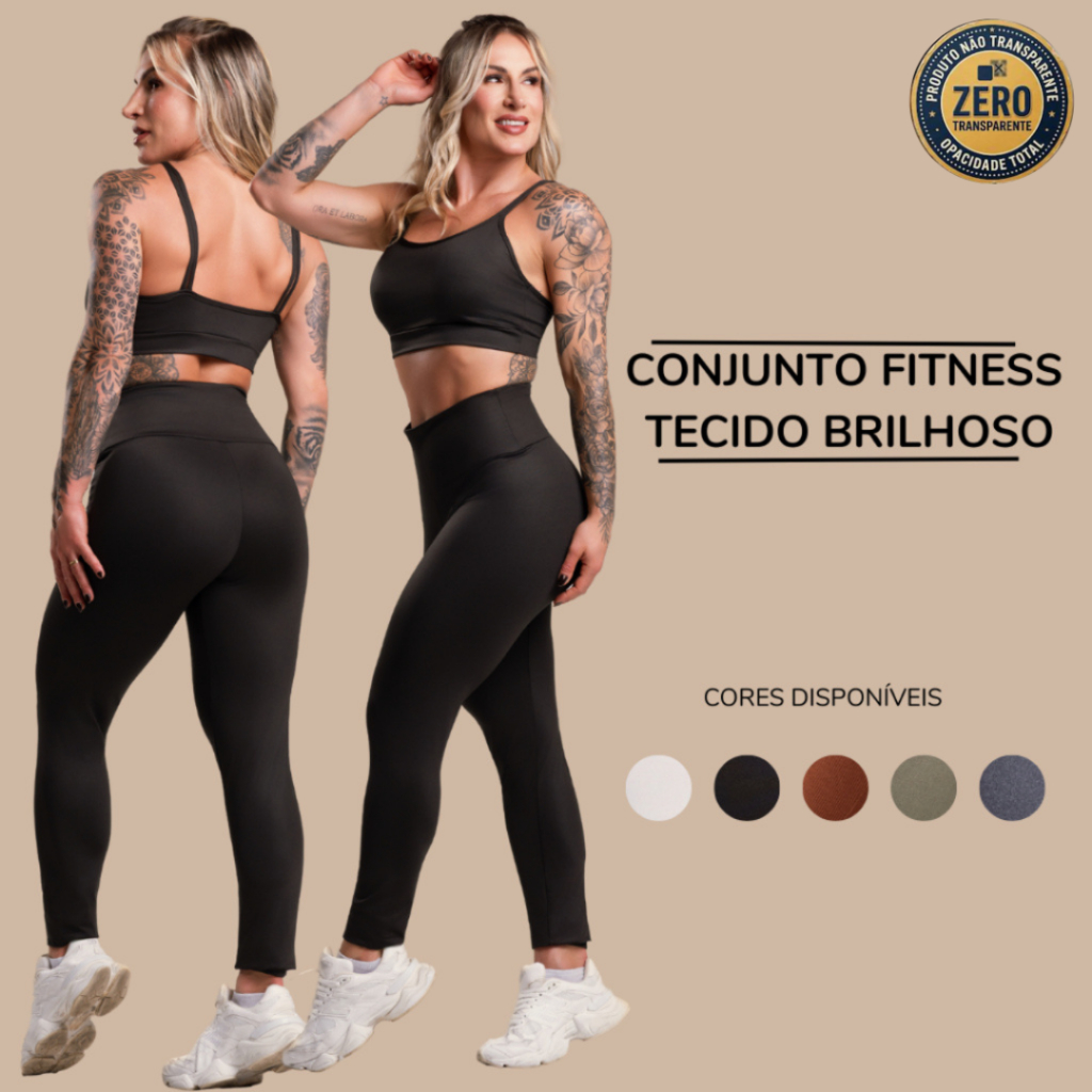 Conjunto Fitness Feminino Brilhoso Academia Top Alcinha e Calça Legging Lisa Cintura Alta Brilho ZERO TRANSPARÊNCIA