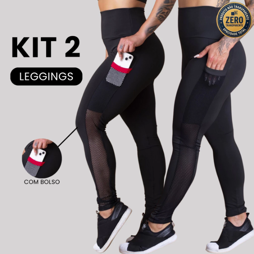 KIT 2 Calça Feminina Legging Cintura Alta Com Bolso Tela Lateral Academia ZERO TRANSPARÊNCIA — imagem 1