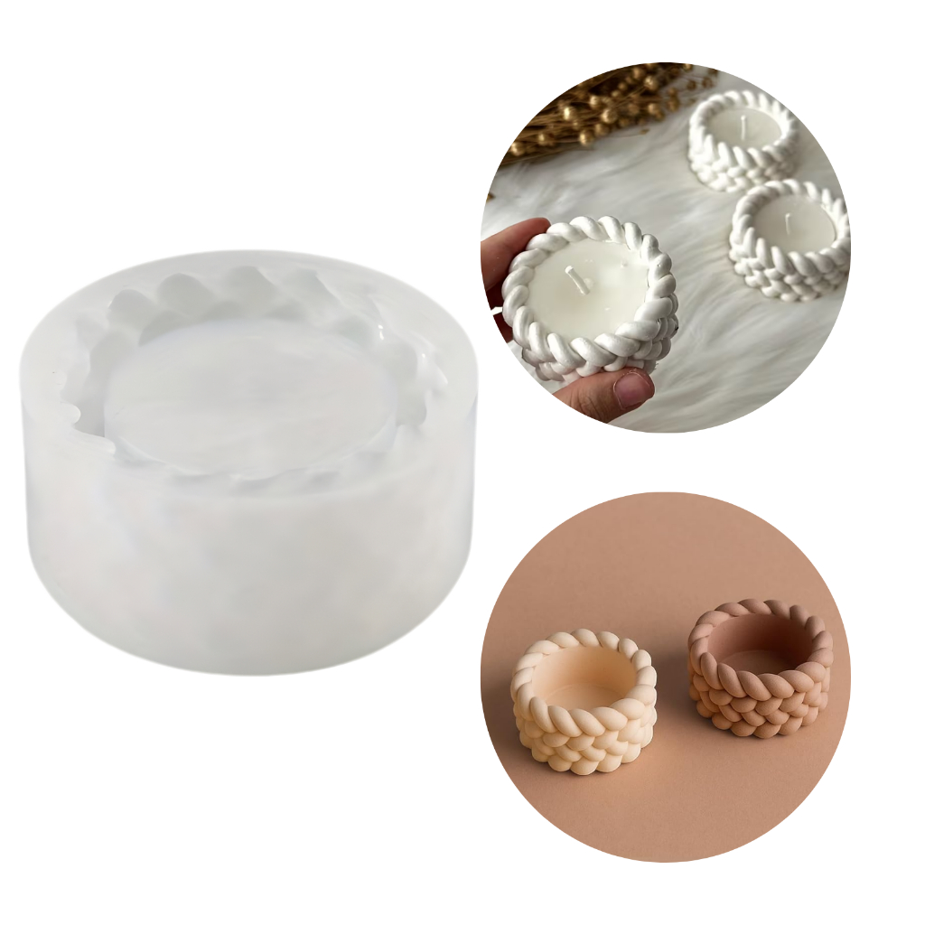 Molde de Silicone Pote Corda Trançada para Cimento Porta Velas Resina Gesso Forma Porta Jóias
