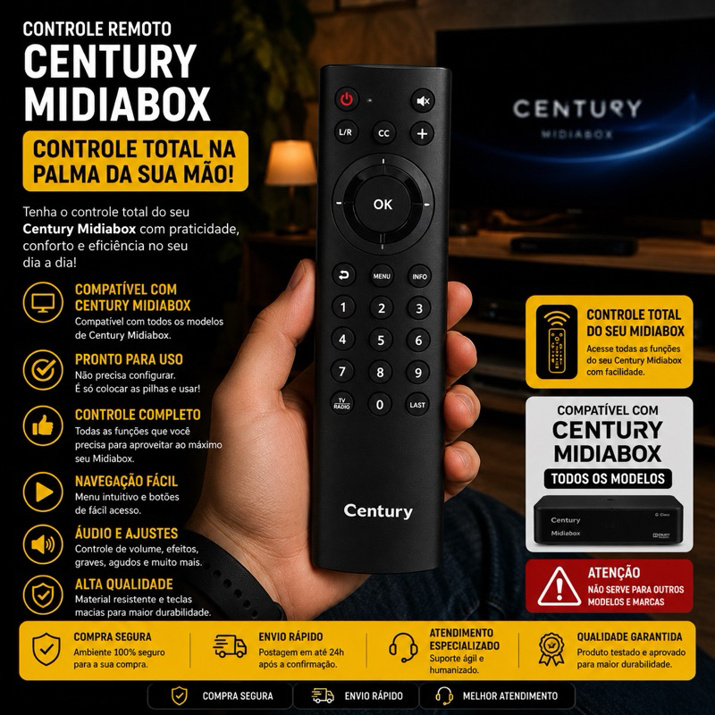 Detalhes do Controle Remoto Para Century Midiabox b5 b7