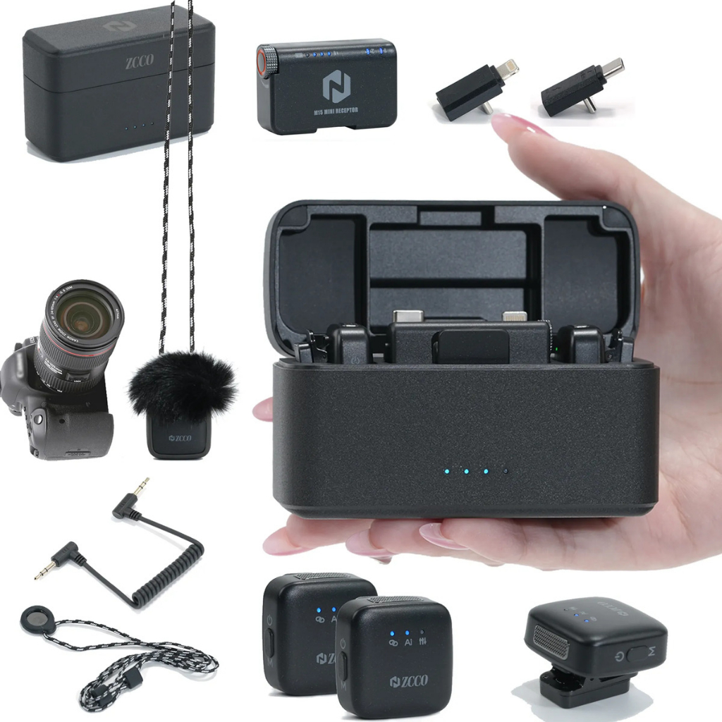 ZCCO M15 Mini Microfone Mini Lapela Sem Fio Magnético c/ Redução Ruído IA, Gravação HD, p/ Android/iOS/Câmera/PC