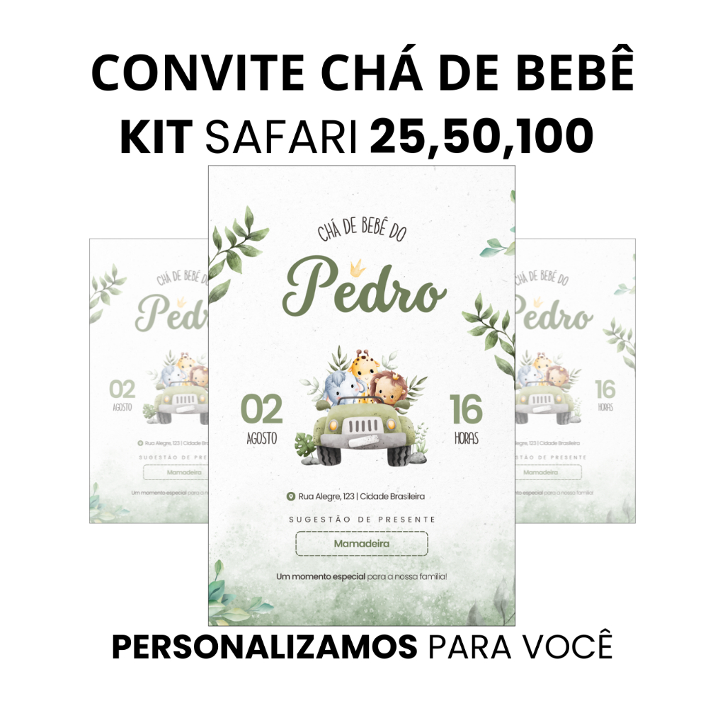 Convite personalizado tema safari para chá de bebê menino, impresso em papel fotográfico glossy