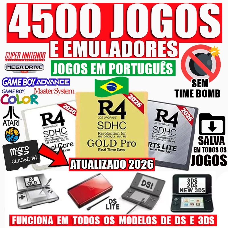 R4 2026 Cartucho + SD Card 4500 Jogos e Emuladores Atulizado sem Time Bomb, compativel com todos os modelos de DS e 3DS