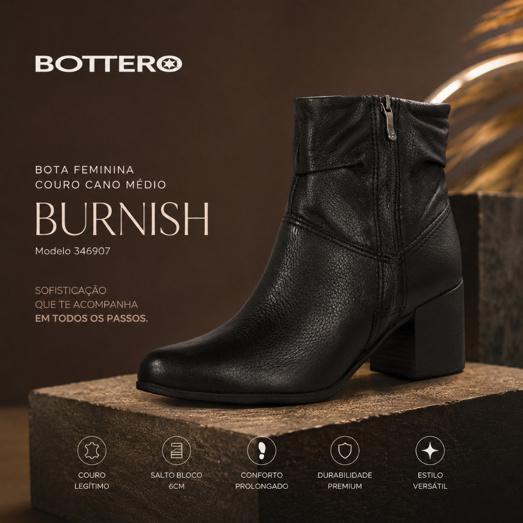 Bota Feminina Couro Cano Médio Burnish Bottero Original Conforto Salto Bloco 6cm