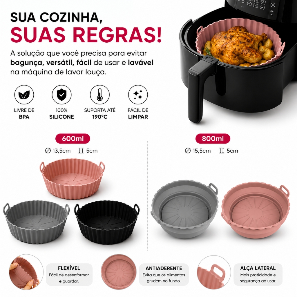 KIT 2/3 Forma De Silicone para Air Fryer Forno Microondas Fritadeira Assadeira Reutilizável Antiaderente Flexível