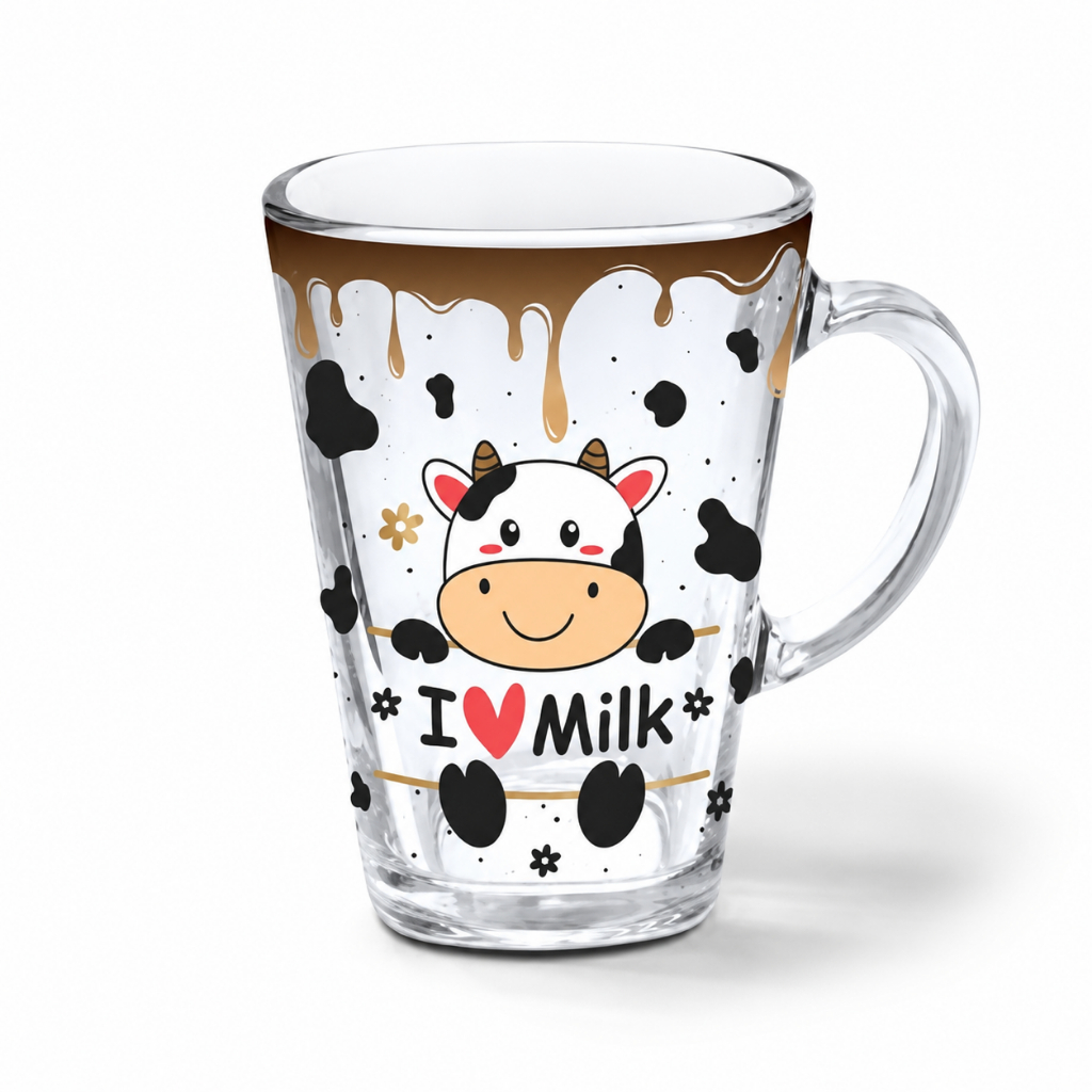 Caneca Vaquinha 470 ml em Vidro  I Love Milk para Café Leite Chocolate Quente Chá