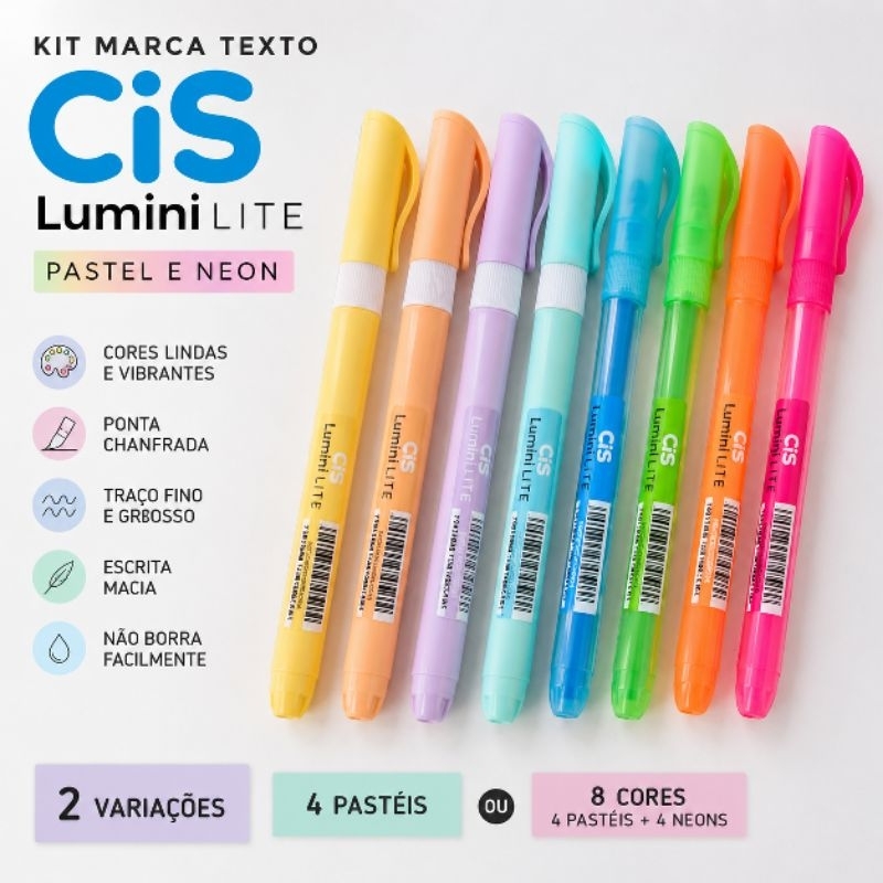 Kit Marca Texto 04 ou 08 CIS Lumini Lite Pastel Neon Caneta Escolar Planner Bullet Journal Papelaria
