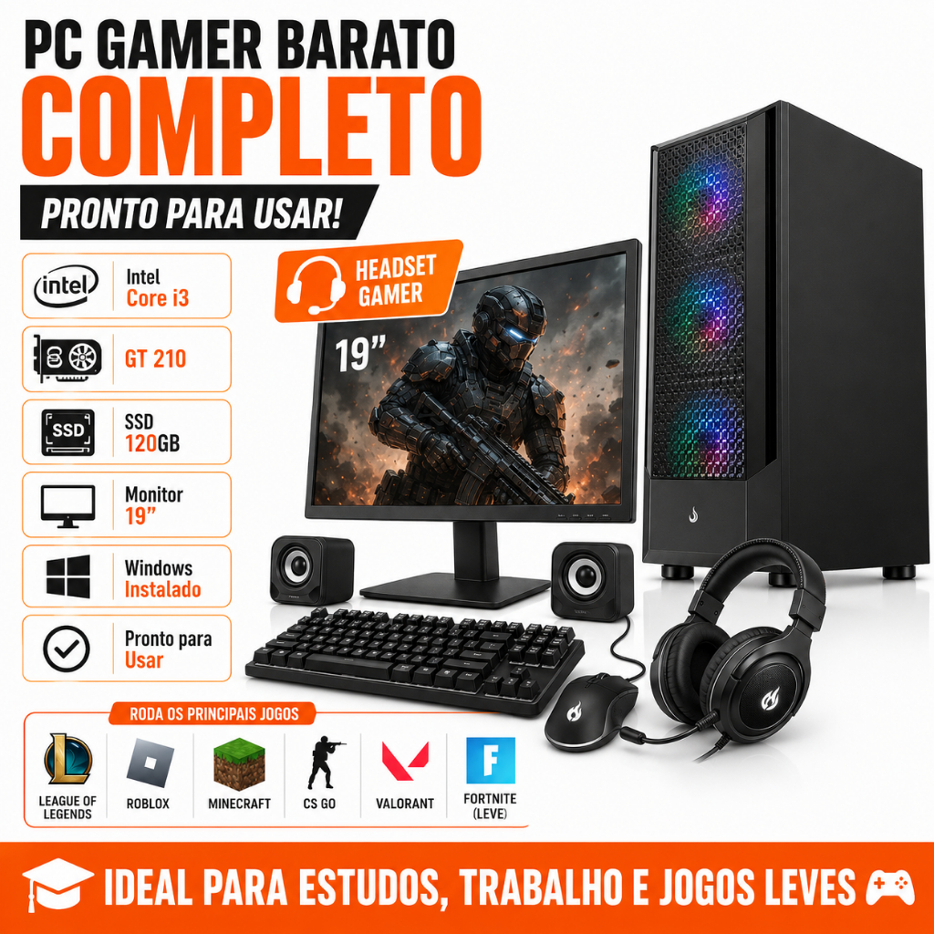 PC Gamer Barato Completo i3 GT 210 SSD 120GB Headset Gamer Monitor 19 Windows