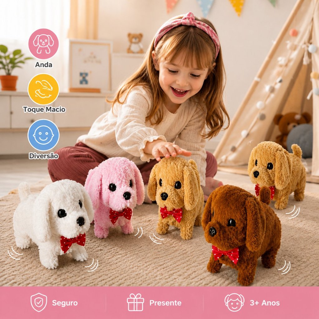 Brinquedo Cachorro Elétrico de Pelúcia Interativo Fofo com Laço Andante Infantil Presente Criança