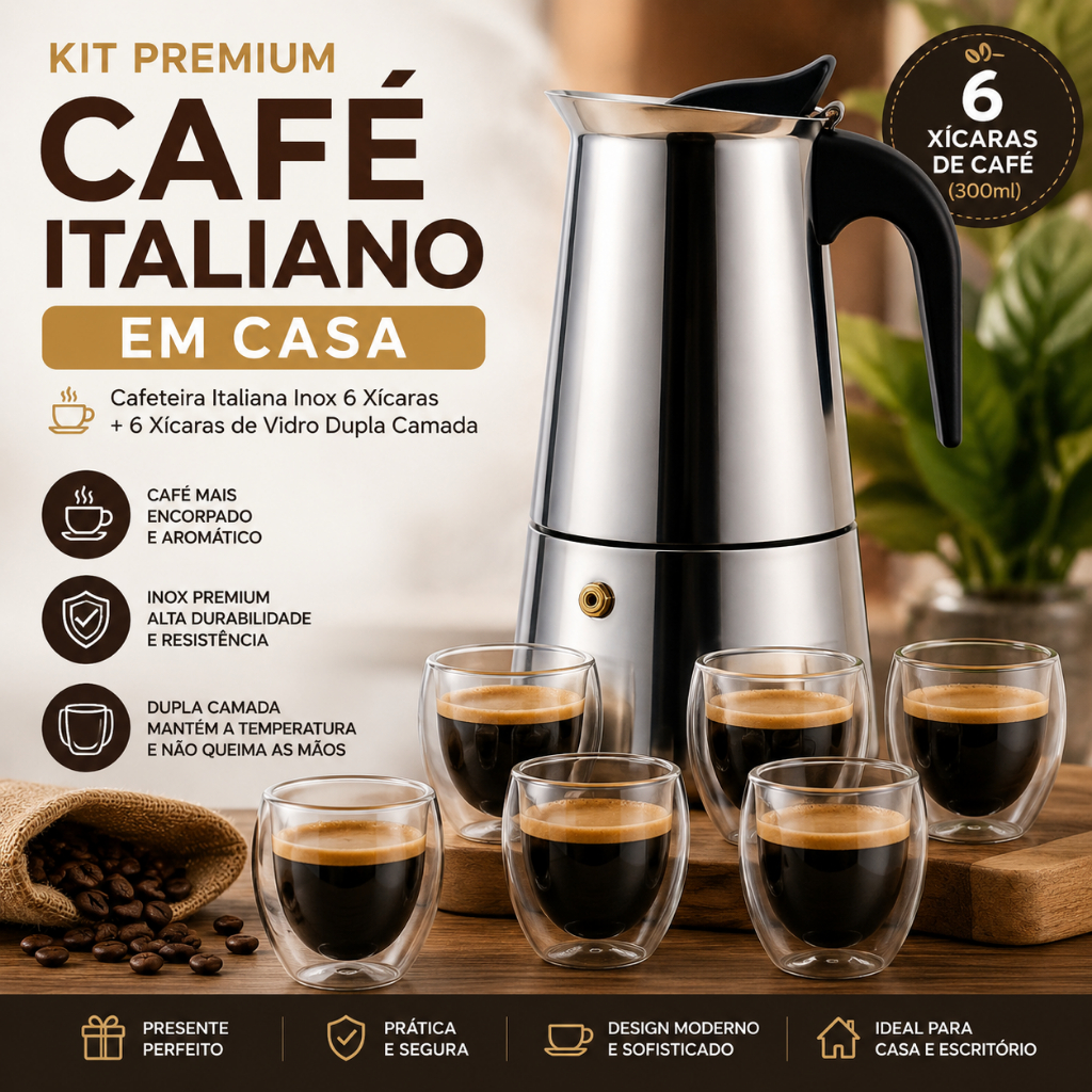 Cafeteira Italiana Inox Premium 300ml 6 Cafés + Copos Térmicos Vidro Espresso