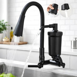 Torneira com Filtro Gourmet Flexível Cozinha Parede c/ Ducha 2 Jatos 1/4 de Volta + Refil