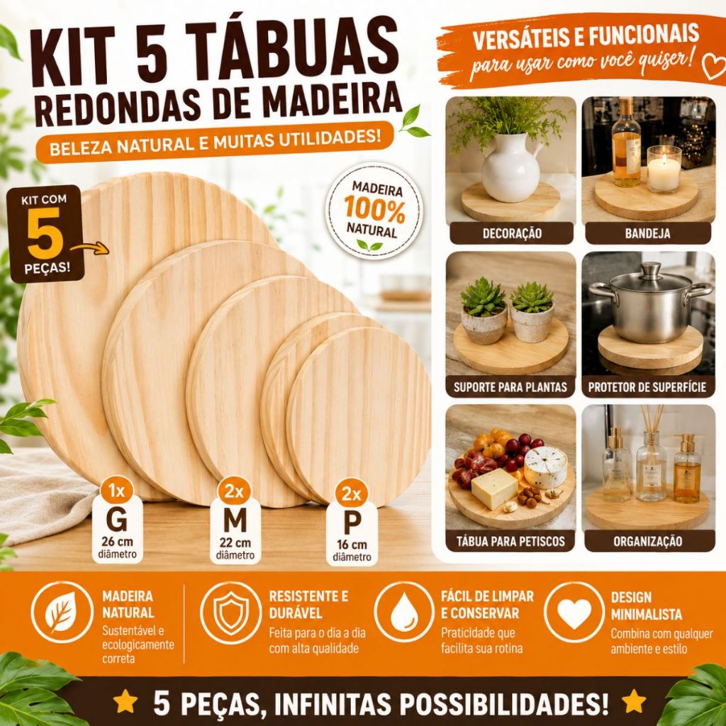 Kit 5 Tábuas Redonda  Madeira Pinus Decorativa Bandeja Mesa Posta Porta Doce Suporte Festa Decoração